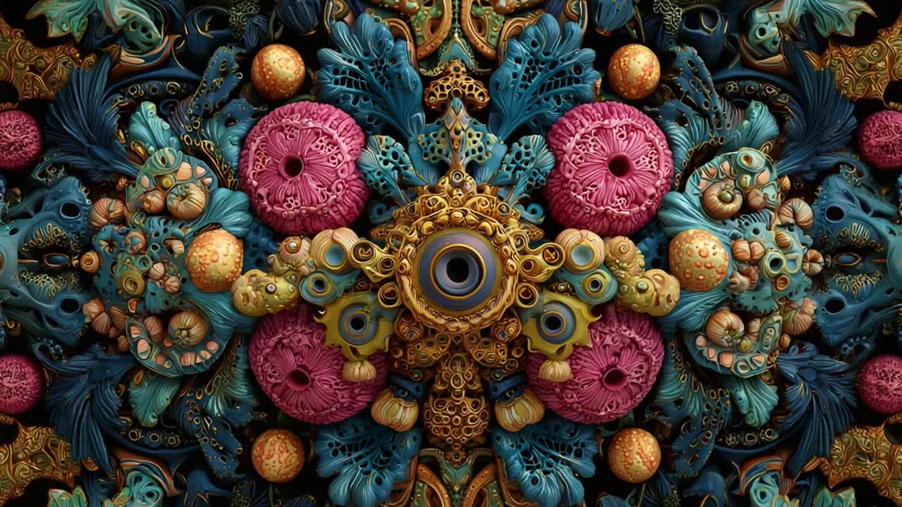 Intricately Designed Abstract Art Showcasing Vibrant Textures and Complex Formations in a Rich Color Palette of Gold, Pink, and Teal, Highlighting the Beauty of Digital Creation