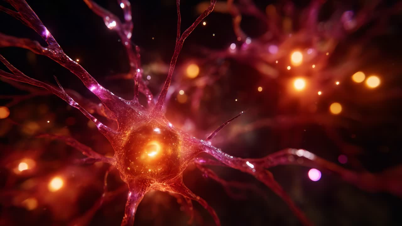 Astonishing close-up view of vibrant neurons illuminated in rich detail, showcasing their intricate structures and glowing connections in a mesmerizing neurobiology visualization
