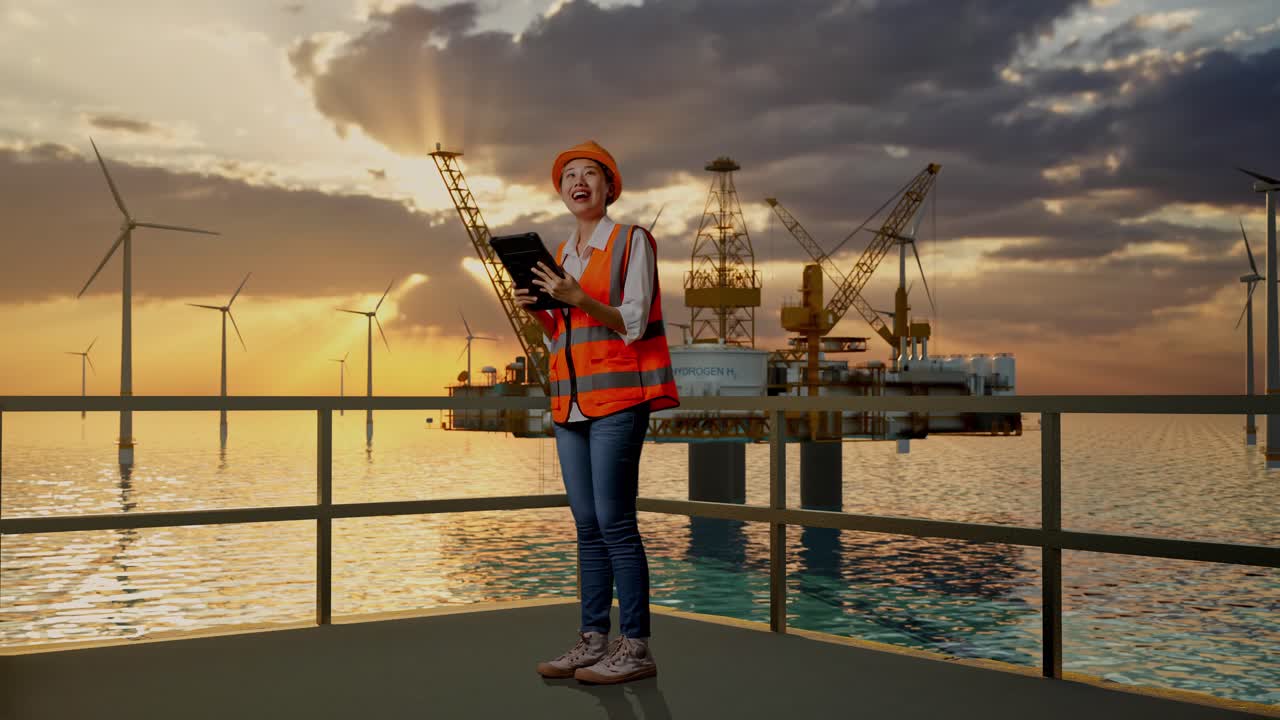 vista lateral completa del cuerpo de una ingeniera asiática con casco de seguridad mirando la tableta en su mano y mirando a su alrededor mientras está de pie con la producción de hidrógeno