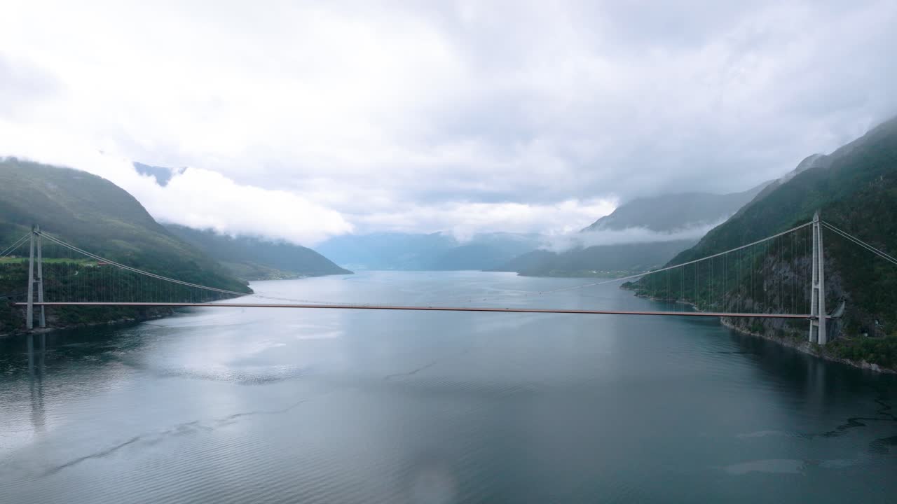 Aerial View of a Suspension Bridge Over a Fjord in Norway
