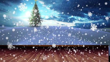 una animación digital de un árbol de navidad que cae nieve en un paisaje nevado