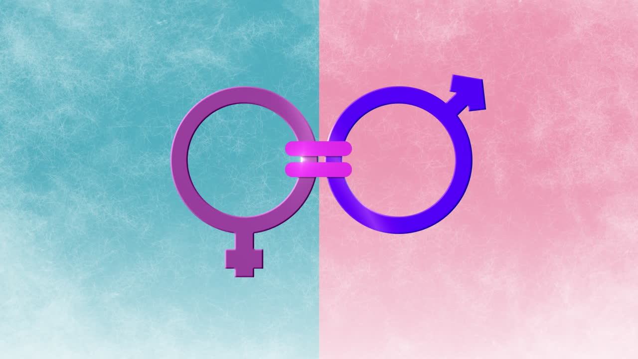 animación de símbolos de género masculino y femenino unidos por un signo de igualdad, en rosa y azul