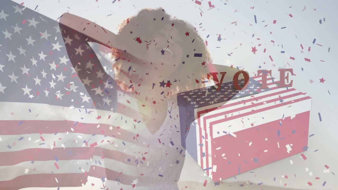 Animation of confetti with person holding American flag and voting at ballot box