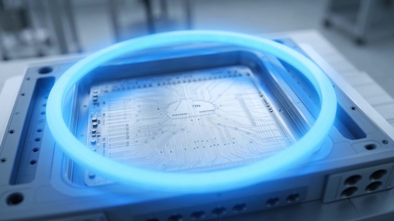 Futuristic Circuit Board with Blue Glowing Ring