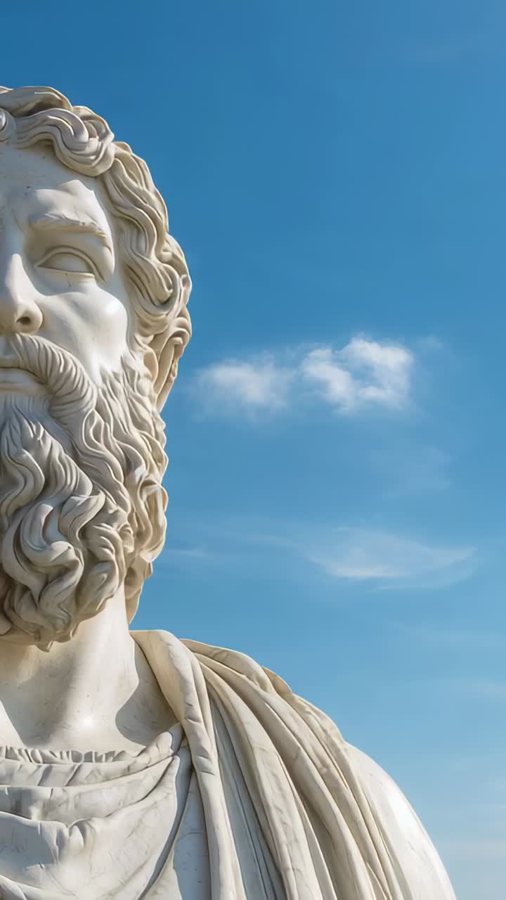 Video verticale: carrellata che rivela il volto di una statua di marmo in una piazza, con barba scolpita e drappeggio