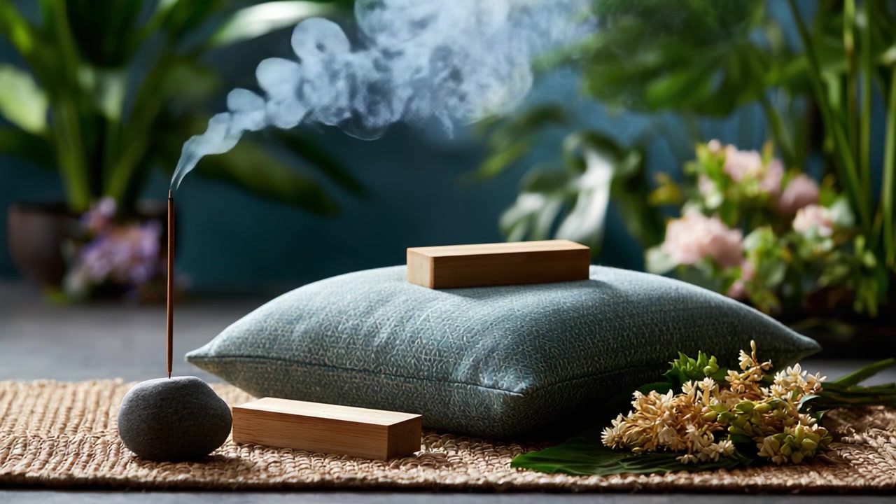 Una serena disposizione di incenso, cuscini decorativi ed elementi naturali, creando un'atmosfera calma e pacifica perfetta per il relax e la contemplazione.
