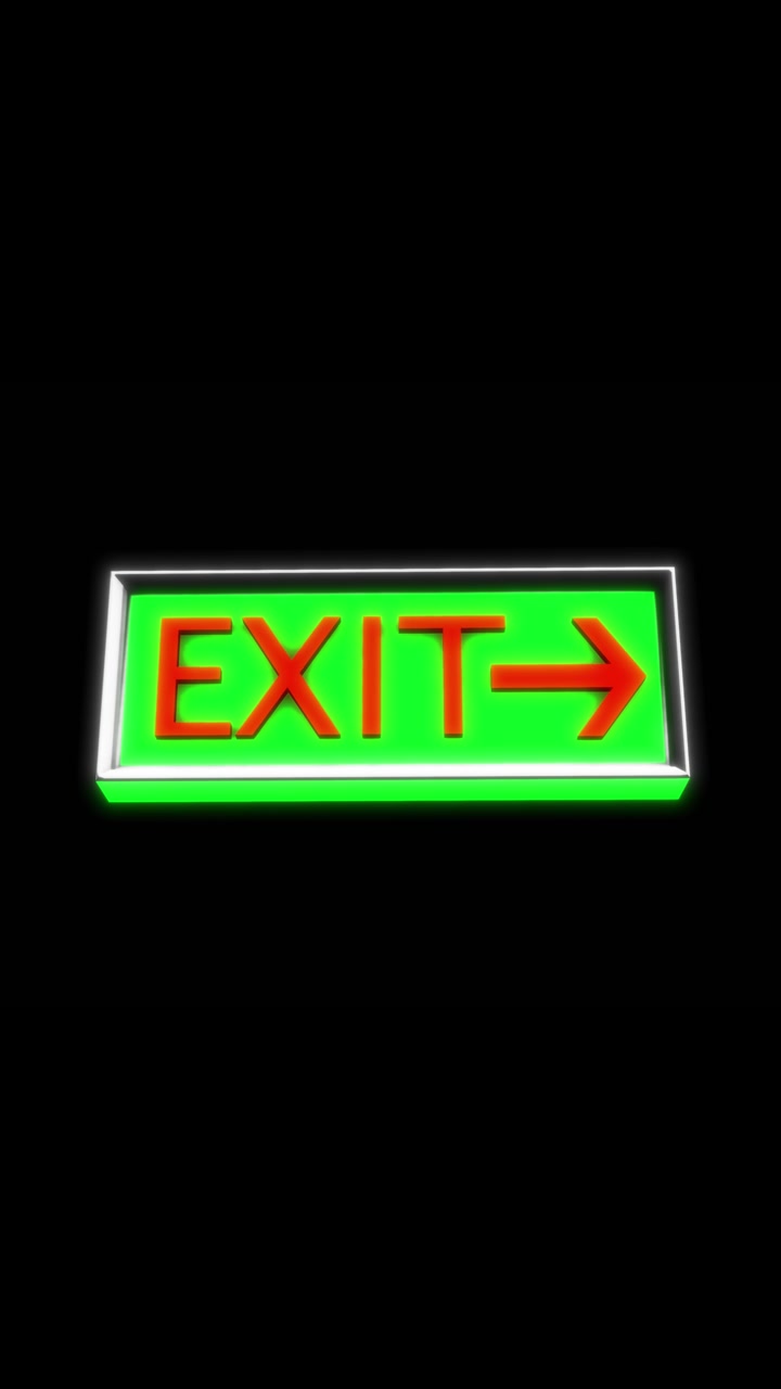 Insegna di uscita luminosa, pannello verde, lettere rosse, freccia, bordo bianco incandescente, sfondo per video di sicurezza