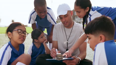 team, training and children on field for soccer to