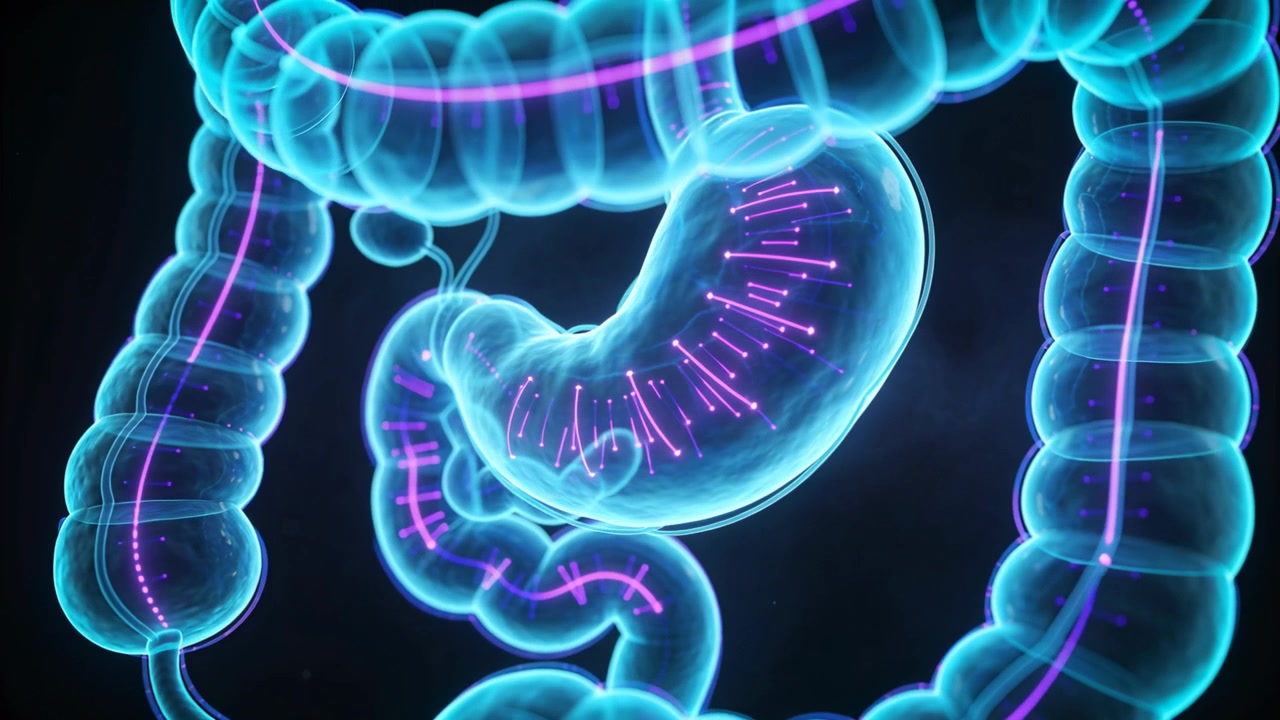 Animazione del tratto gastrointestinale che mostra punti al neon che appaiono, illustrando il flusso lungo stomaco, colon e intestino tenue.
