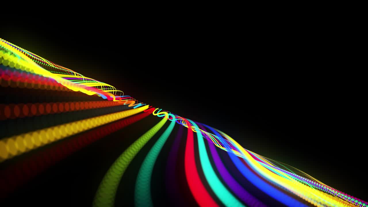 다채로운 입자 및 부드러운 애니메이션 카메라를 가진 축제 루프: 3d 공간에서 곡선 파동 선을 따라 줄지어있는 반이는 입자를 가진 추상적인 3d bg.