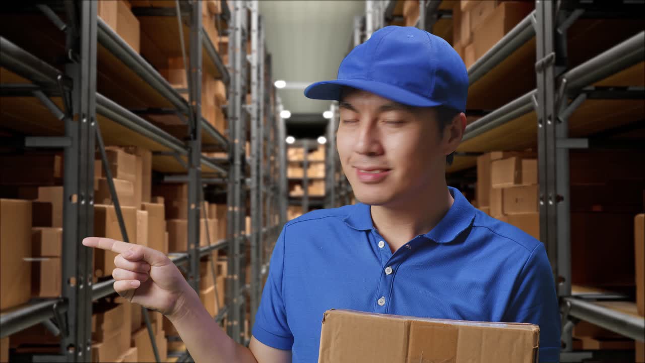 close up de mensajero masculino asiático en uniforme azul sonriendo y señalando al lado mientras entrega una caja en el almacén