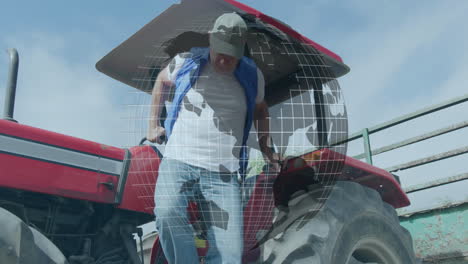 senior farmer climbing onto tractor, displaying animated agriculture charts, graphs, gauge icons