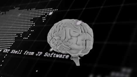 modelo cerebral 3d con animación de procesamiento de datos sobre el fondo del mapa mundial digital