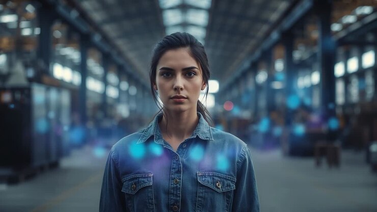 Mulher em pé monitorando partículas azuladas que aparecem em um longo corredor industrial, vestindo uma camisa jeans
