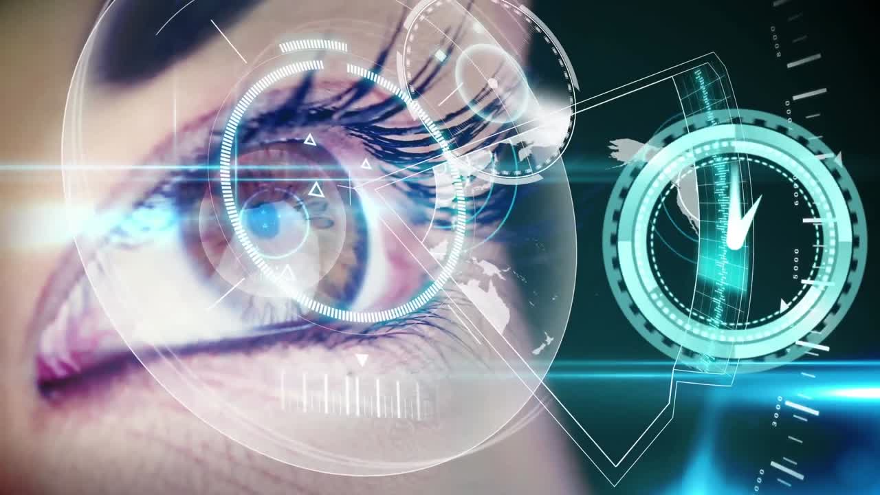 Animation of digital interface and clock over woman's eyes