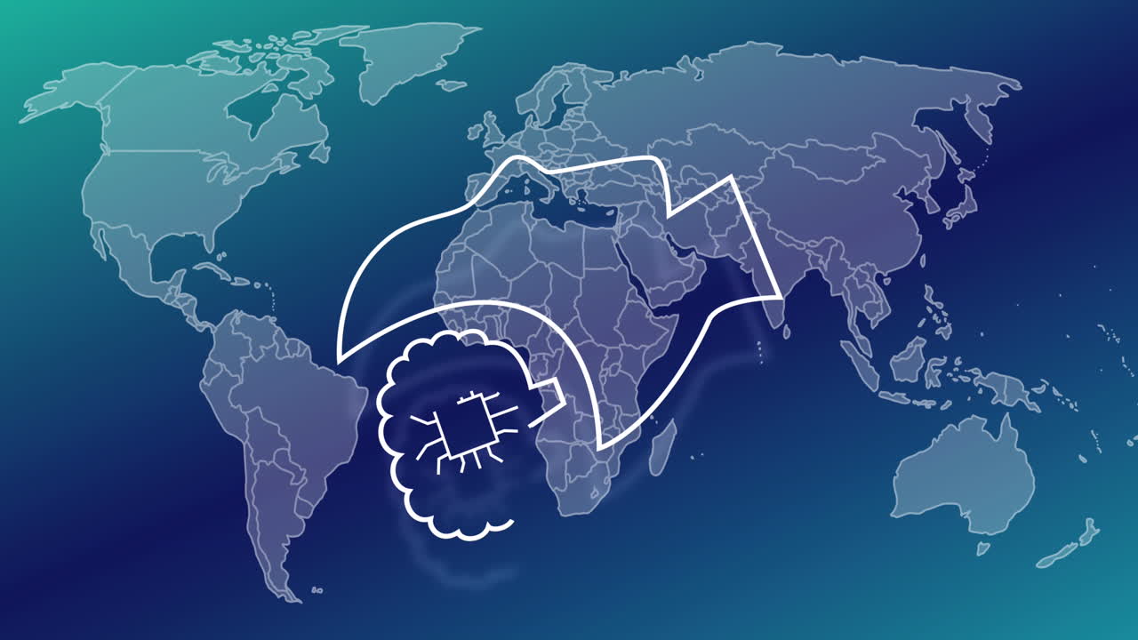 아이콘과 세계 지도와 함께 ai 데이터 처리의 애니메이션