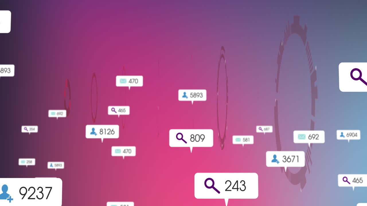 Visualisasi analitik media sosial dan data pencarian dengan animasi pada latar belakang gradien
