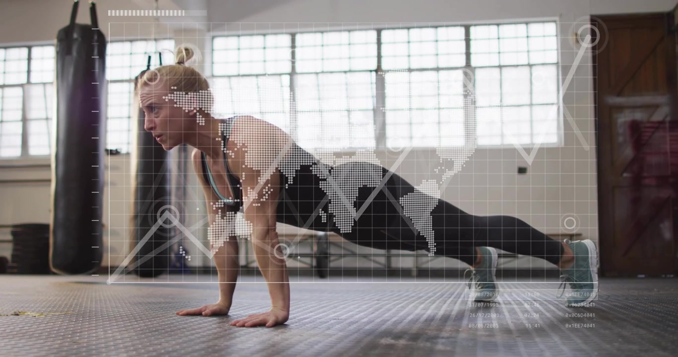 Vertical video: Starting plank, woman in dark top doing pushups on gym floor with HUD, training