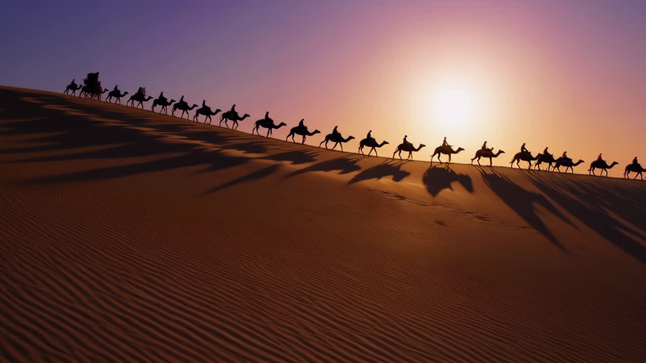 Camel Caravan in the Desert Sunset