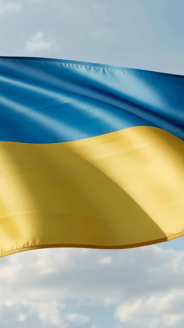 Vertical video: Fluttering Ukrainian national flag responding to gusts in blue sky, with waves