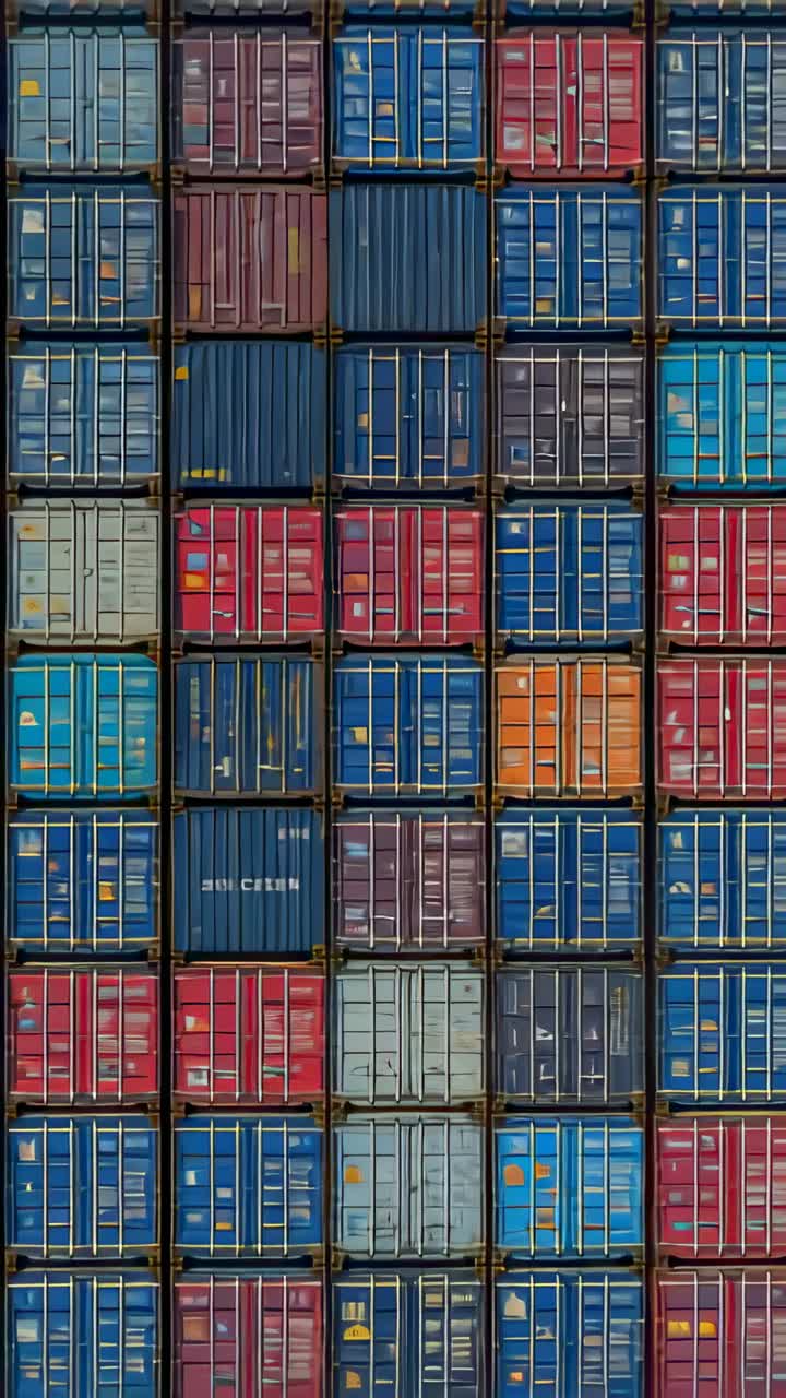 Vertical video: Drifting drone camera revealing stacked containers on deck, surveying rusted doors