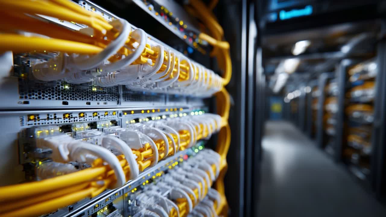 Network Infrastructure: High-Tech Data Center Featuring Connected Servers and Organized Cabling for Efficient Data Management and Storage Solutions