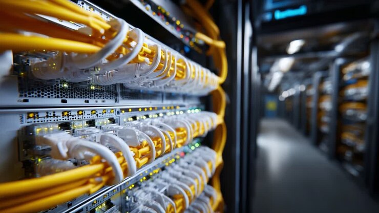 Network Infrastructure: High-Tech Data Center Featuring Connected Servers and Organized Cabling for Efficient Data Management and Storage Solutions