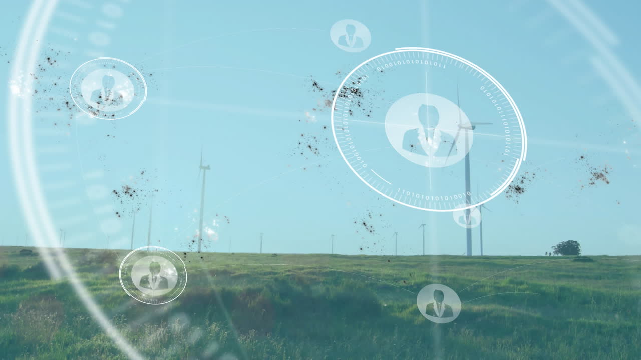 Wind turbines spinning on hillside while animated renewable energy HUD displaying business avatars