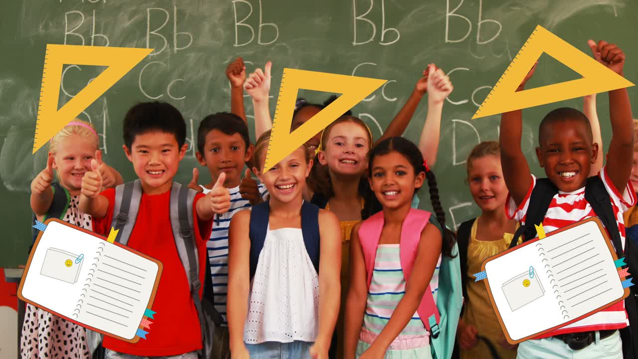 학교 아이템 아이콘의 애니메이션 행복한 학교 아이들이 엄지 손가락을 들고