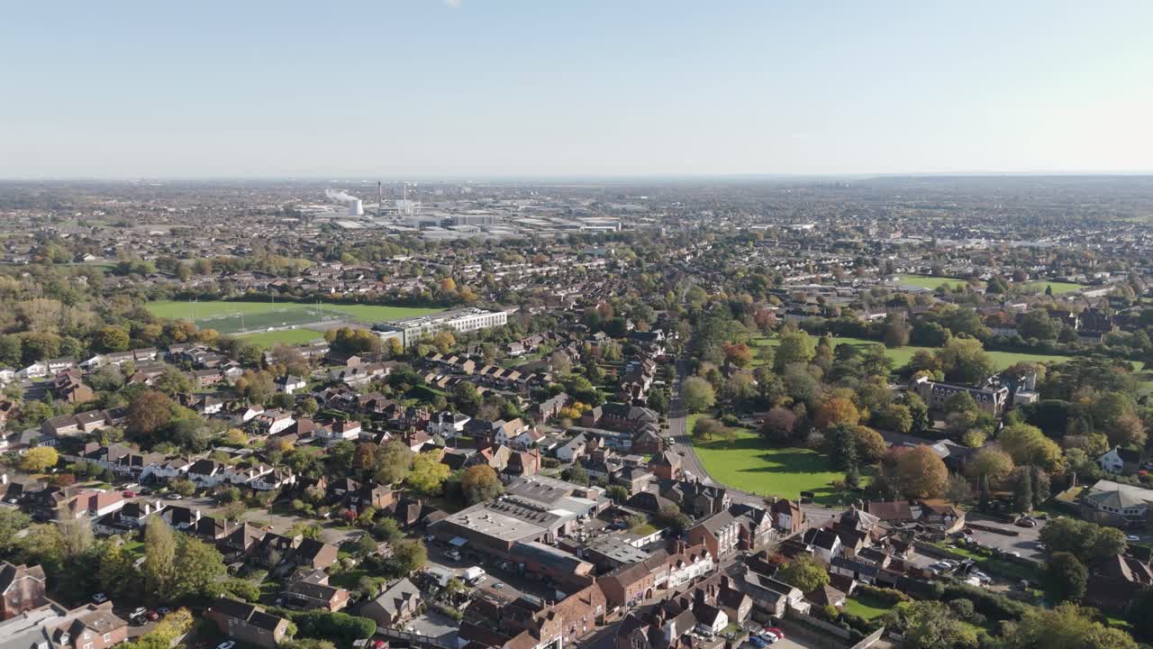 Aerial view of residential streets and neighborhood life around Burnham High Street, capturing the town’s local character, Slough, Berkshire UK