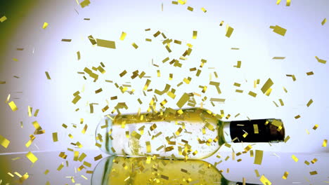 Animation of confetti falling over bottle of white wine on white background
