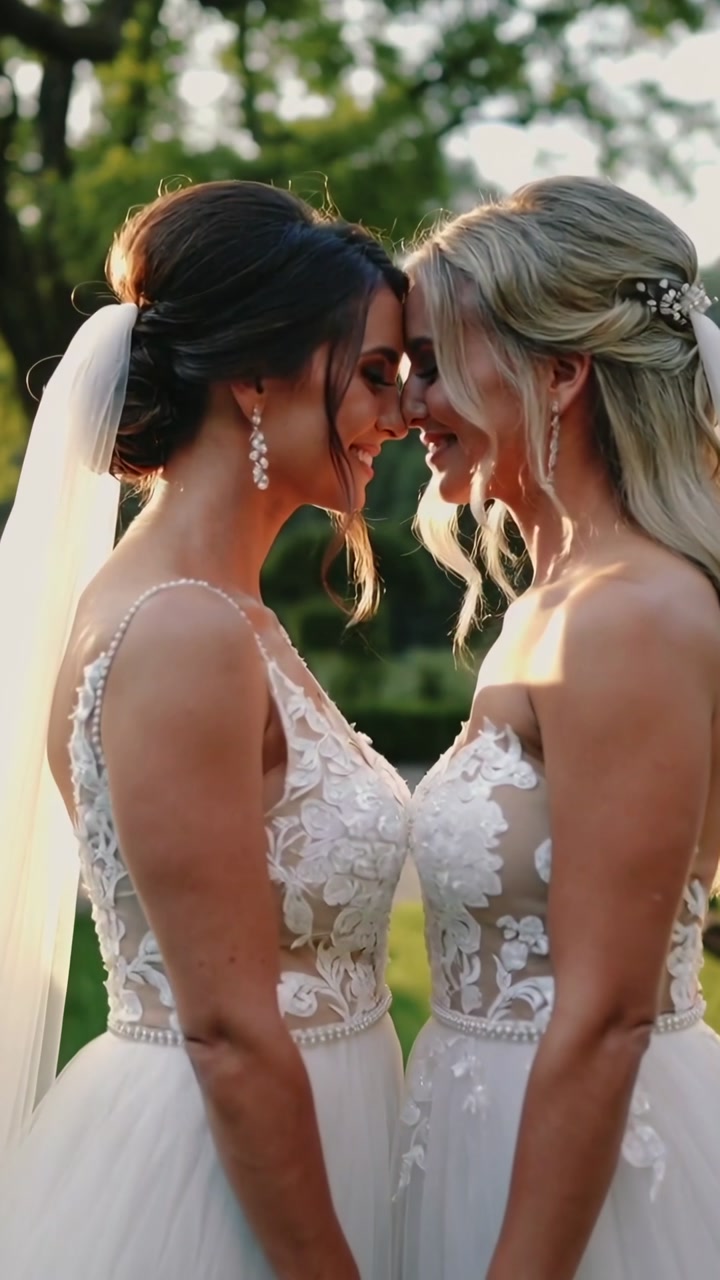 Vertical video: Holding hands, two brides moving closer in garden, wearing gowns, celebrating vows