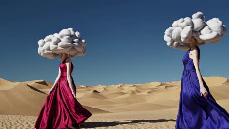 two women in dresses with cloud heads in a desert landscape