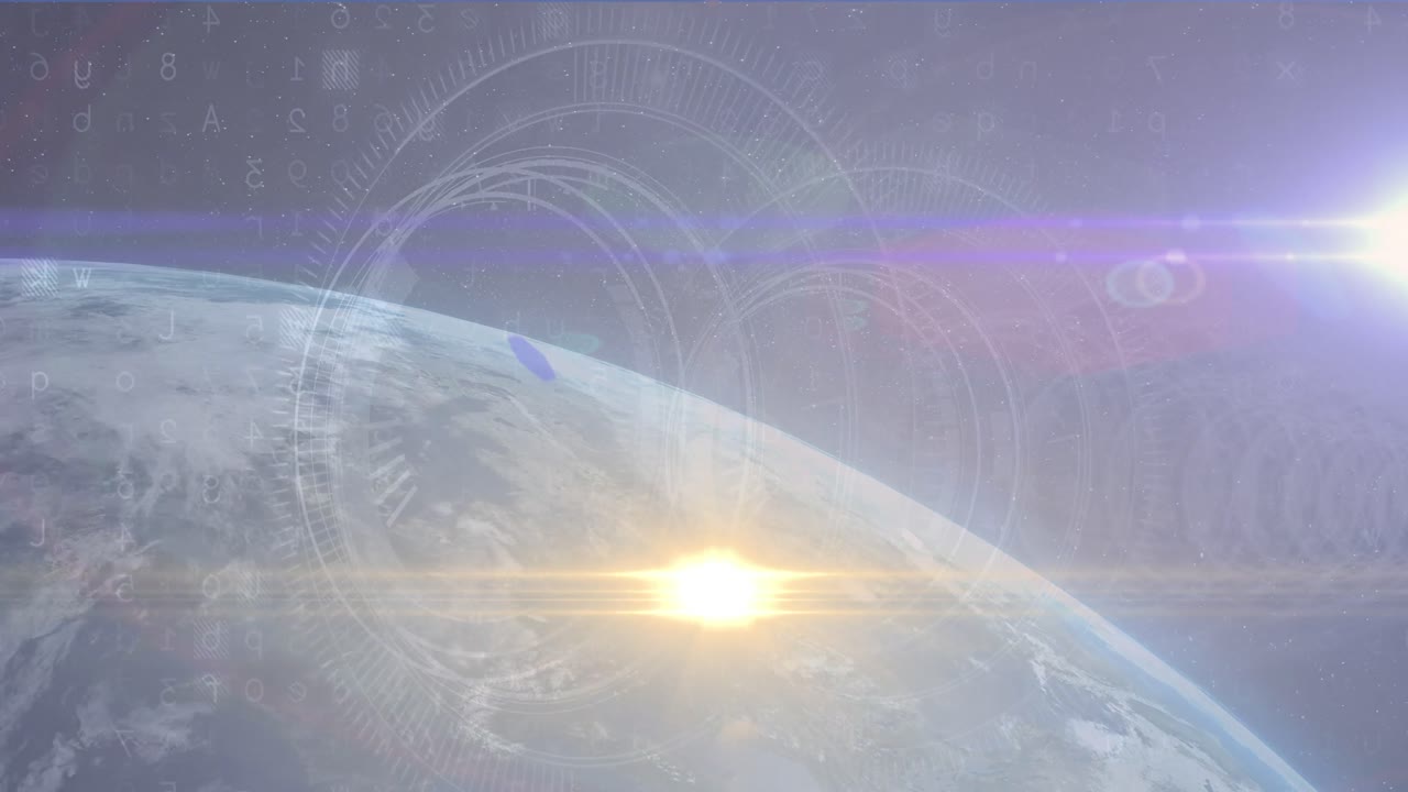 푸른 배경에 대한 전 세계에 대한 빛의 반점과 둥근 스캐너의 애니메이션