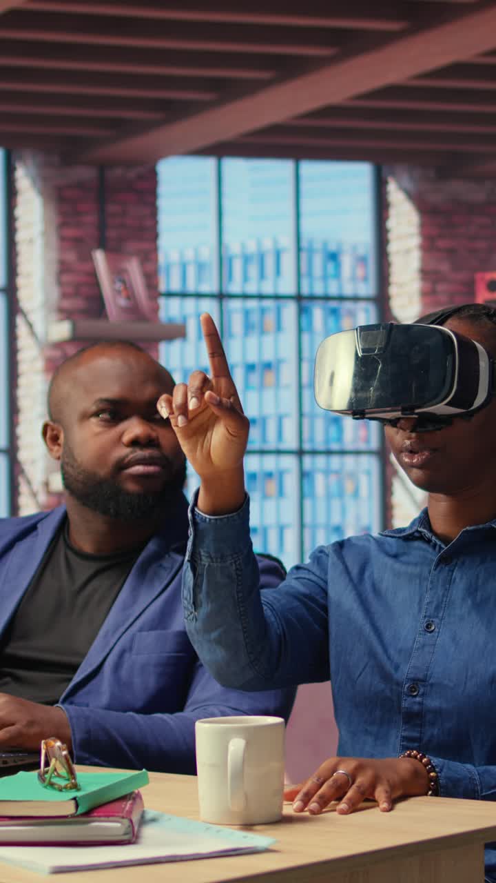 African American Woman Experiencing Virtual Reality in Modern Office