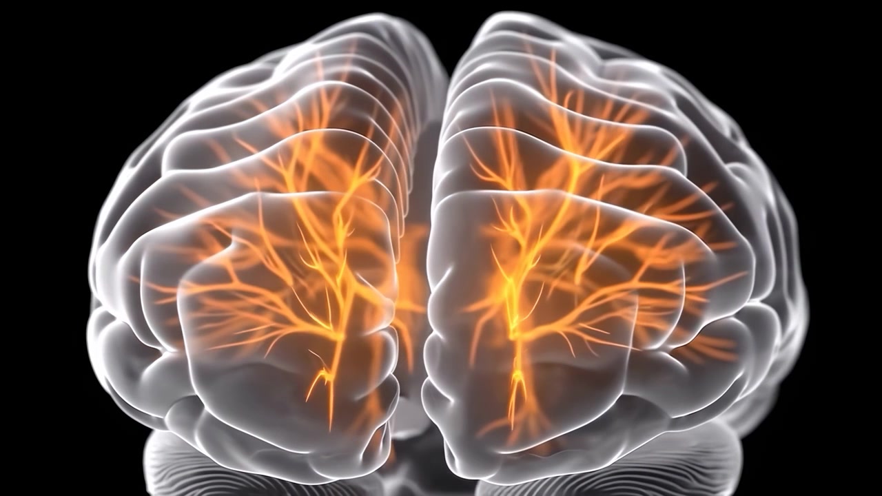 Translucent brain graphic displays bright orange branching pathways on dark backdrop, with centered frontal composition, glowing details, layered transparency and abstract science imagery.
