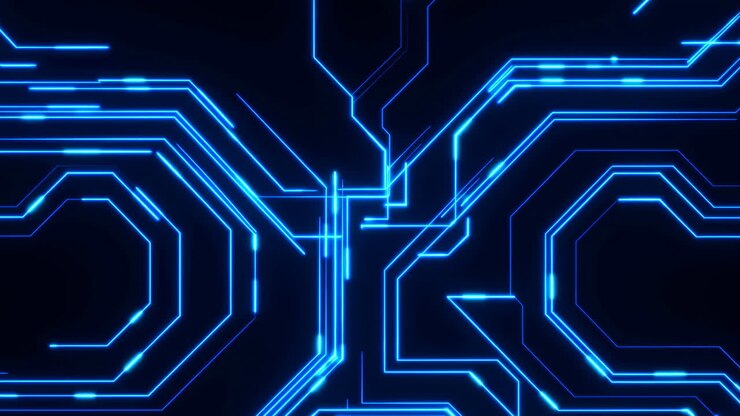 Tracce di circuito elettrico che pulsano in blu brillante su sfondo nero. Percorsi dinamici e nodi luminosi.