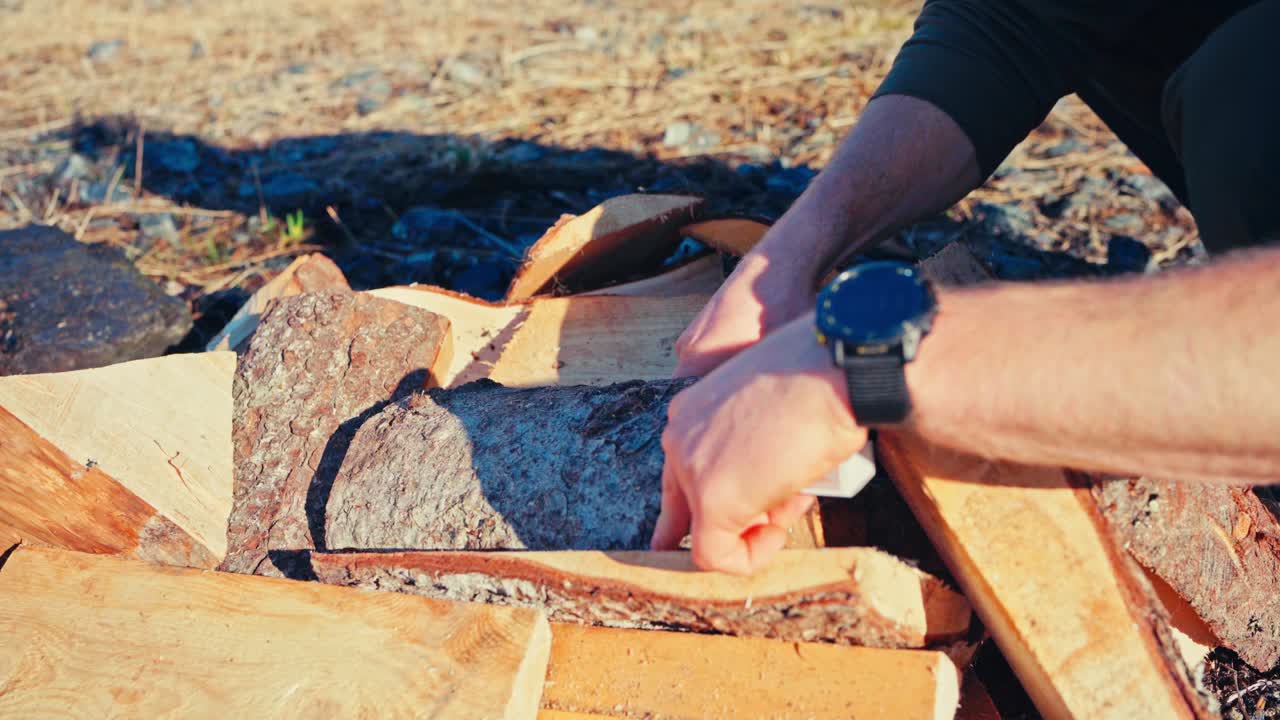 A Person is Burning Freshly Cut Firewood to Turn it Into Charcoal - Close Up