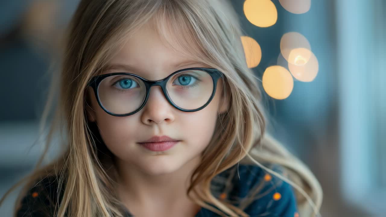 Adorable young girl with long blond hair wearing eyeglasses, creating a charming portrait against soft, blurred background lighting, capturing childhood innocence with peaceful expression