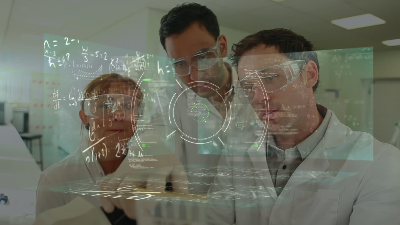 animación de ecuaciones matemáticas y escaneo de alcance sobre diversos científicos en el paisaje urbano del laboratorio