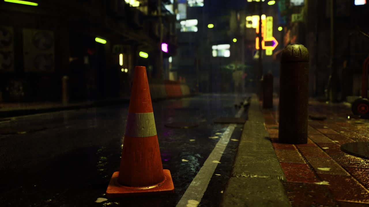 Nighttime city street with wet pavement and construction cone under neon lights
