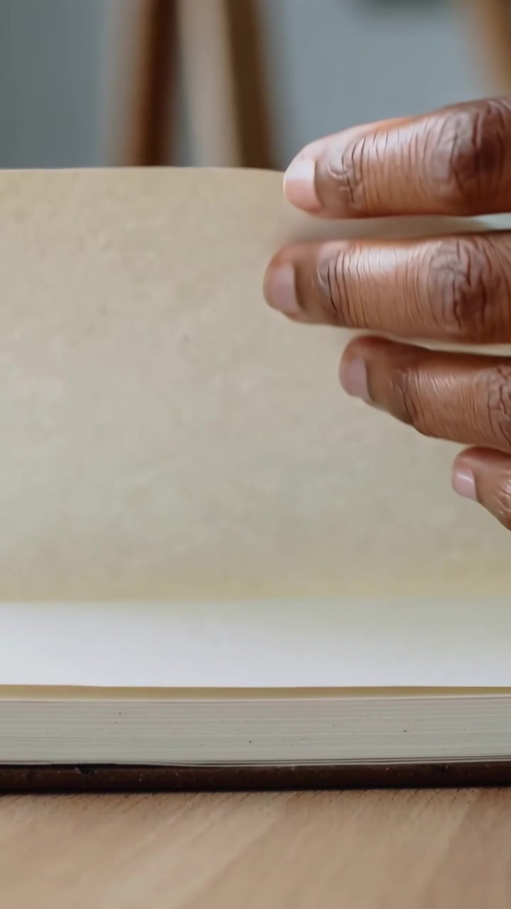 Vertical video: Lifting right-hand thumb, dark hands turning and checking pages on tabletop, book