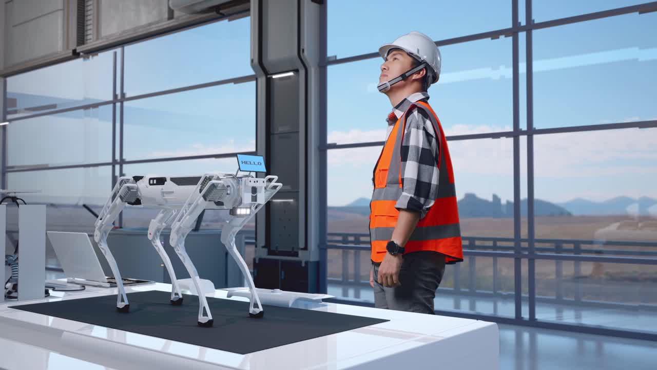 vista laterale completa del corpo di un ingegnere maschio asiatico con casco di sicurezza in piedi in una fabbrica ad alta tecnologia, che analizza il concetto di macchina robotica. guardarsi intorno, controllare