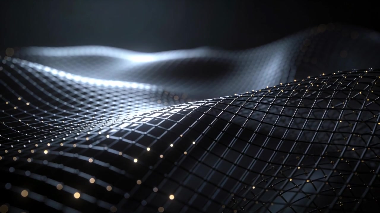 Bølgende metallnettgitter som reagerer på en innledende bølge i et mørkt studio, med bevegelig bokeh.