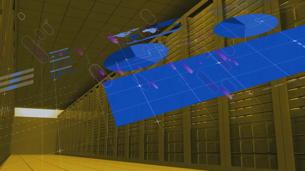animación de líneas púrpuras y procesamiento de datos sobre la sala del servidor
