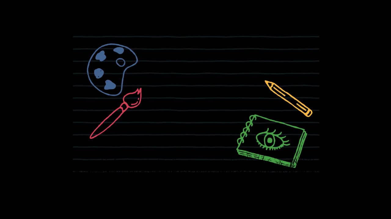 검은 바탕 위에 예술 및 학교 교육 아이콘의 애니메이션