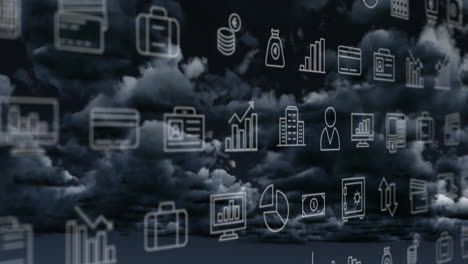animación de múltiples iconos digitales contra nubes oscuras en el cielo