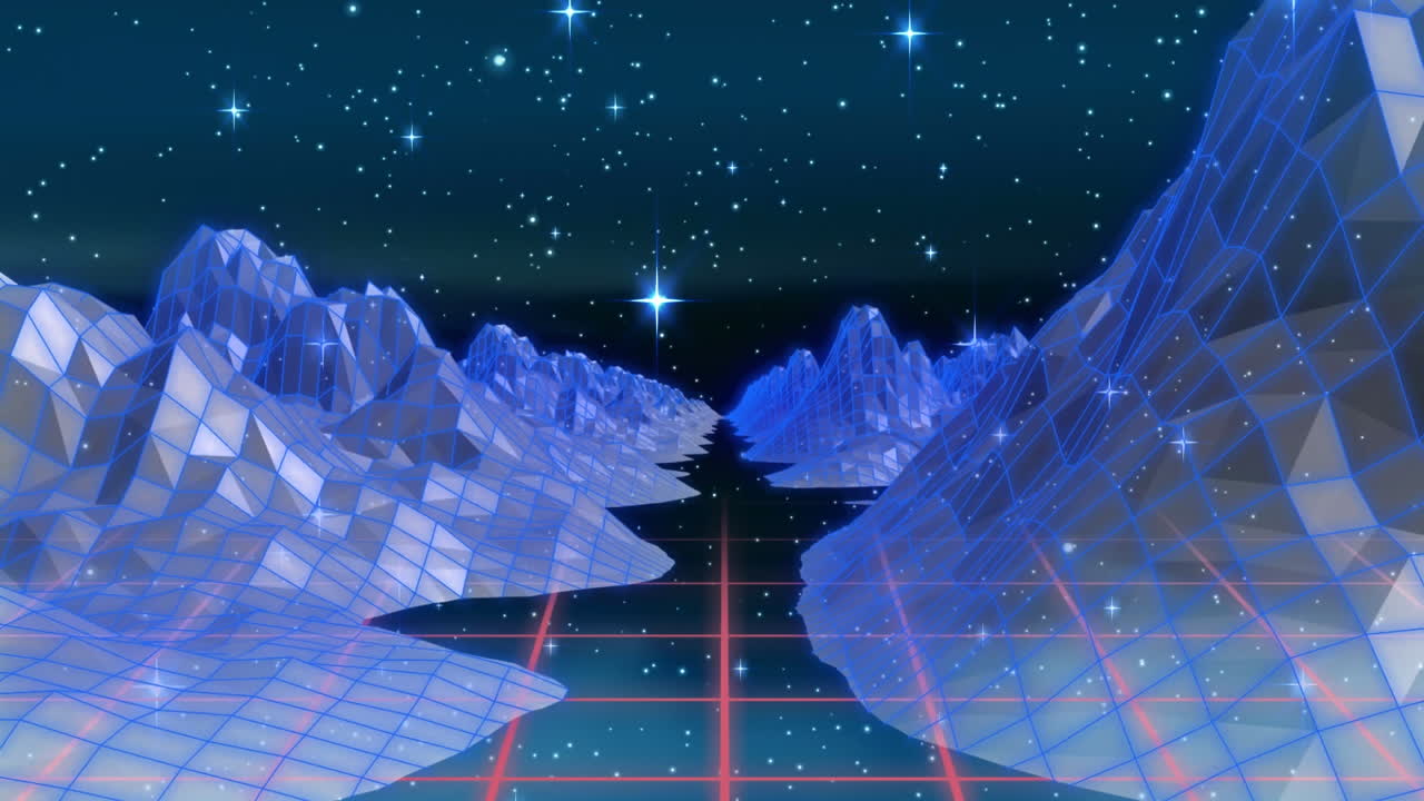 산과 분홍색 그리드를 가진 디지털 풍경의 애니메이션