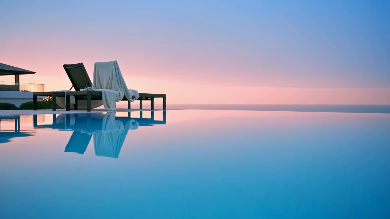 Ruhige Infinity-Pool-Szene inmitten der Sequenz mit Liegestühlen auf erhöhtem Deck links mittig während