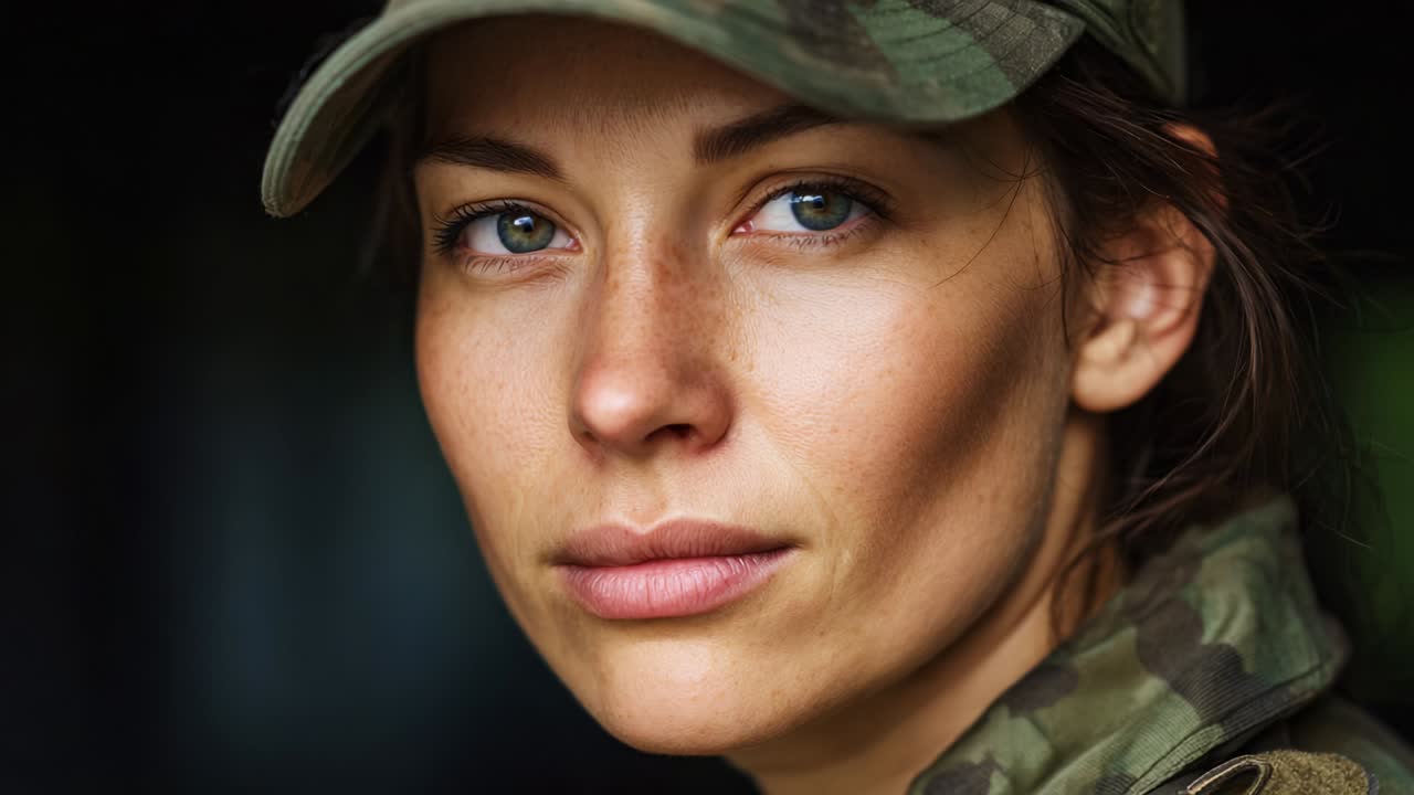 Close-up Portrait of a Camouflaged Female Soldier with Intense Eyes and Natural Expression, Capturing the Strength and Determination of a Dedicated Warrior in a Dynamic Environment